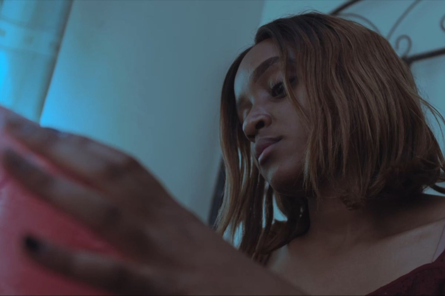 June staring at her baloon. cinematic. short film